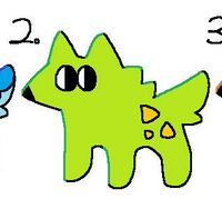 a drawing of a light green cartoon wolf with orange-yellow spots on its hip. it has noticeable artifacting as a result of jpeg compression